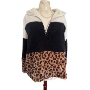 LeModa Faux Fur Quarter Zip Pullover Animal Print Jacket Large